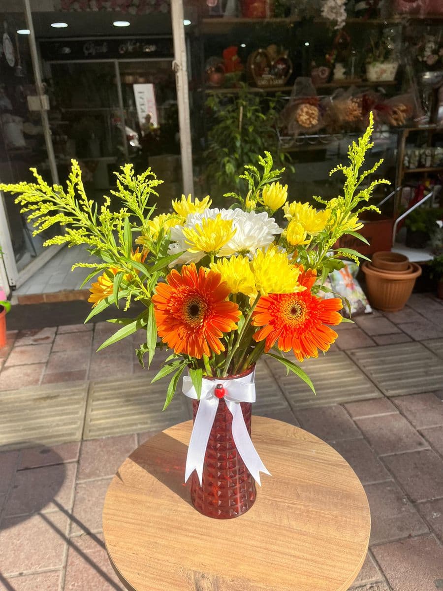 Kırmızı Cam Vazoda Gerbera