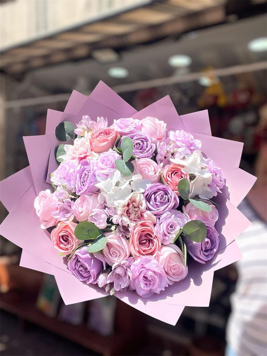 Lila Kağıtta Lila Pembe Yapay Güller - Küçük Görsel 3