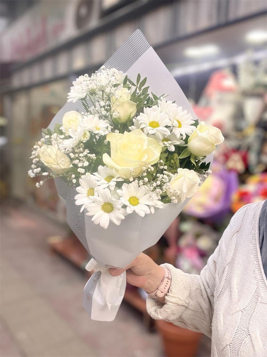 Papatyalı Beyaz Gül Buketi - Görsel 1